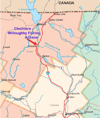 Map showing the location of the fishing access on the Willoughby river in NE Vermont