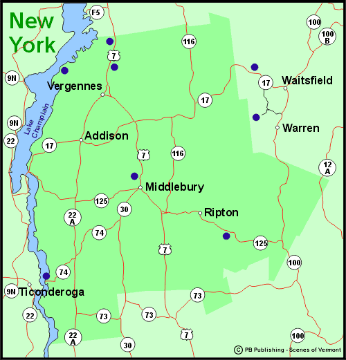 Addison County Map showing attractions and accommodations