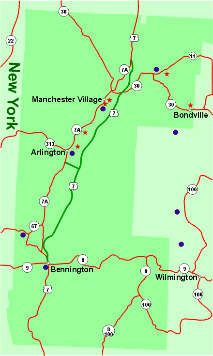 Bennington County Map showing attractions and accommodations