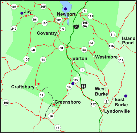 Orleans County Map showing attractions and accommodations