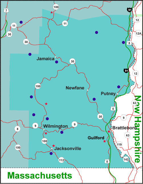 Windham County Map showing attractions and accommodations