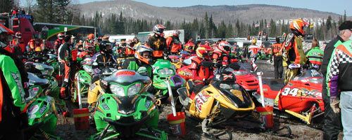 Snocross racers line up for racing at Island Pond, Vermont