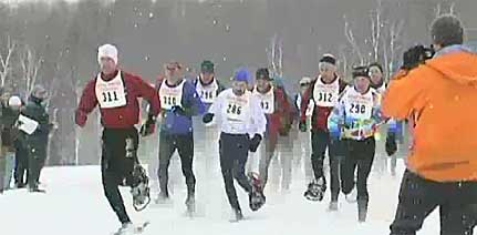 The starting line at Stowe's Winter Carnival Snow Shoe Race